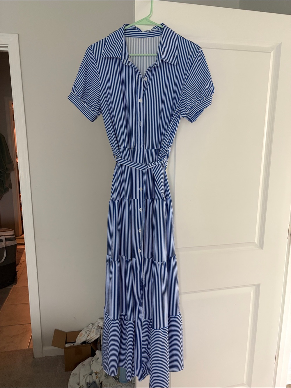 Blue & White Striped Shirt Dress with Waist Tie